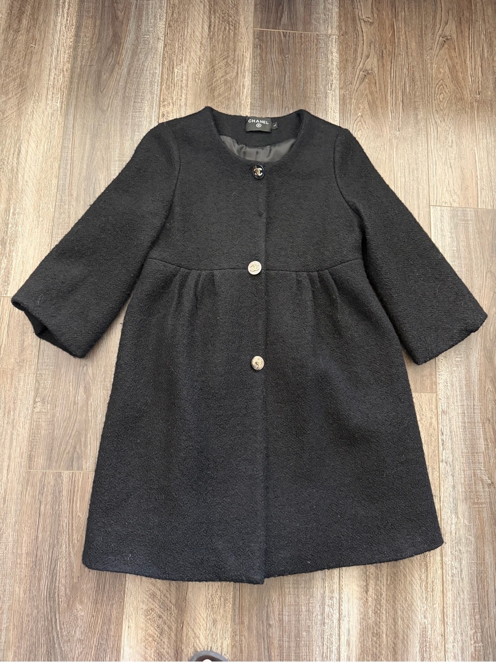 CHANEL Black Bouclé Long Sleeve Coat Dress